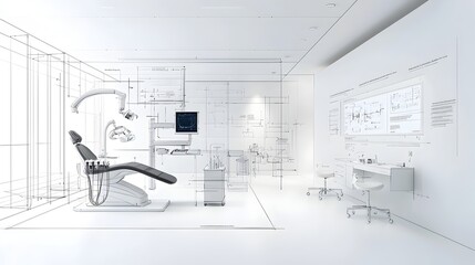 Poster - Minimalist black and white sketch of a modern sleek dentist office featuring abstract technology motifs and futuristic dental equipment creating a clean and innovative clinical environment