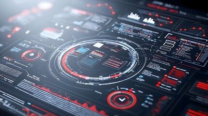 Fototapete - Futuristic Virtual Business Intelligence Dashboard with Abstract Technology Interface Highlighting Data Trends and Performance Metrics in a Modern Digital Design
