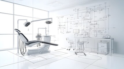 Poster - Abstract black and white sketch of a modern minimalist dentist office with futuristic dental technology and equipment creating a clean and professional medical clinic environment