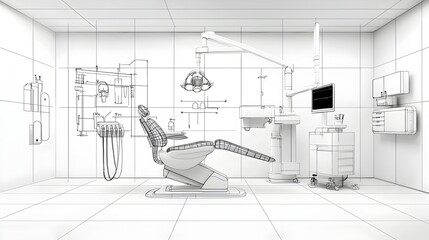 Poster - Sketched of a modern minimalist dental office with abstract technology elements and futuristic medical equipment creating a clean and professional healthcare environment