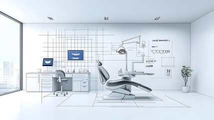 Poster - Sketch of a modern minimalist dental office with abstract technological elements and futuristic dental equipment creating a clean and professional healthcare environment