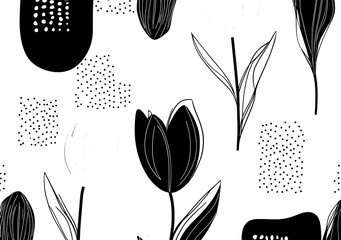 Creative horizontal backdrop with tulips and colorful abstract stains and scribbles. Modern, trendy art illustration in contemporary style.