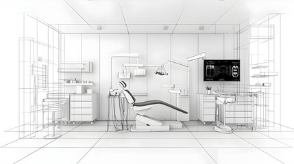 Poster - Sleek and modern of a dental clinic interior design featuring abstract technology and geometric elements in a minimalist black and white color scheme  The image showcases the clean
