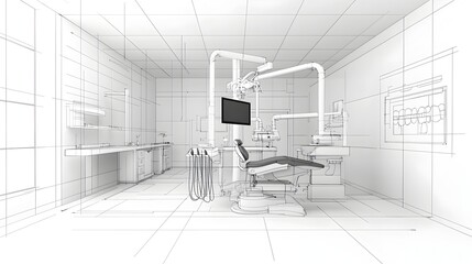 Poster - Sleek black and white graphic of a high tech modern dental clinic with abstract technology elements and a clean vector style design  Features a minimalist