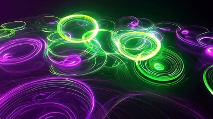 Poster - Abstract neon circles and swirls in vibrant green and purple colors against a dark background create a striking design