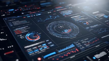 Fototapete - Sleek and modern business intelligence dashboard featuring virtual 3D data visualization and abstract technology elements showcasing key metrics insights