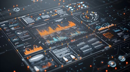 Fototapete - A business intelligence dashboard showcasing key insights and metrics through virtual 3D data visualization and abstract technology elements