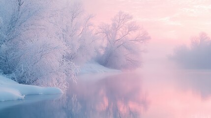 Poster - Winter landscape with hoarfrost and pink morning light by a calm river