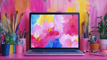 Poster - A sleek laptop mockup with a customizable screen, surrounded by colorful paints, brushes, and sketches in a vibrant artist's studio.
