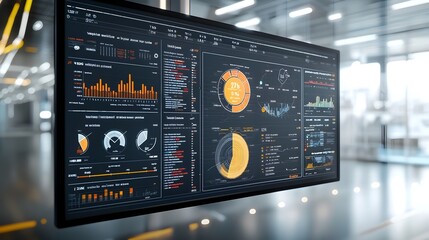Poster - Futuristic 3D virtual business intelligence dashboard showcasing abstract technology interface with data trends performance metrics and visual analytics for financial and corporate data insights