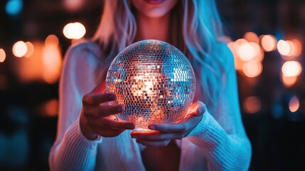 Aufkleber - Woman holding a glass disco ball, party theme