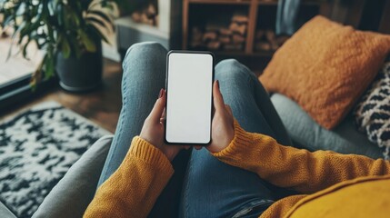 Poster - Woman holding a phone with a white screen mockup while relaxing at home