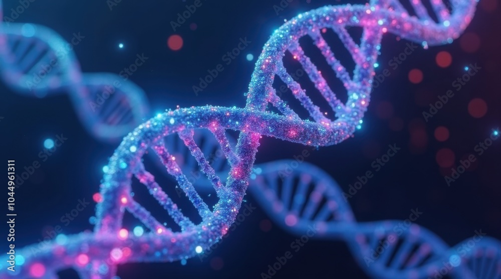 A futuristic 3D representation of a glowing DNA helix, with each strand ...