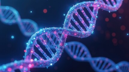 a futuristic 3d representation of a glowing dna helix, with each strand composed of flowing binary c