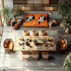 Poster - Top view 3D render of creative dining room featuring a customdesigned art table eclectic dcor modern chairs and warm lighting open floor plan isolated on white background