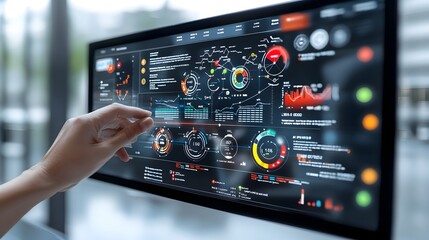 Fototapete - Cutting Edge Virtual Business Intelligence Dashboard for Data Driven Decision Making  Featuring Abstract Technology Visuals 3D Data Rendering and Deep Insights for Informed Strategic Planning