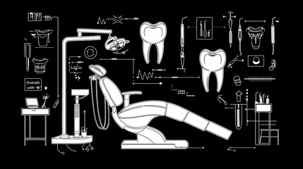 Poster - Minimalist Black and White Sketch of a High Tech Dental Clinic with Advanced Medical Equipment and Tools Representing a Modern Clean and Professional Healthcare Interior Design