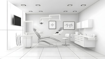 Poster - A black and white sketch depicting the interior of a modern high tech dental office featuring clean lines abstract technology elements and a sleek
