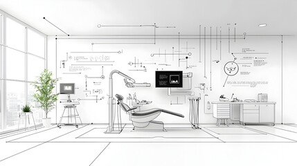 Poster - Modern Black and White Sketch of Sleek Dentist Office Featuring Abstract Technology Elements and Clean Minimalist Design Reflecting a High Tech Clinic Environment