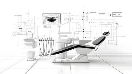 Poster - Minimalist and modern black and white graphic design of a dentist s office featuring abstract technology futuristic equipment and detailed line work for a clean professional healthcare setting