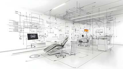 Poster - Detailed monochrome sketch depicting the interior of a modern technology infused dental clinic with abstract high tech architectural features and a sleek professional office environment
