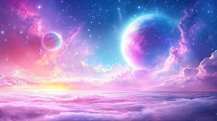 Poster - A soft-focus depiction of pastel planets and swirling nebulae, with glowing stars dotting a serene sky.