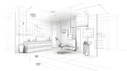 Poster - Sleek and Futuristic Dental Clinic in Sketch Style with Abstract Technology and Modern Medical Equipment Creating a Clean and Professional Healthcare Atmosphere