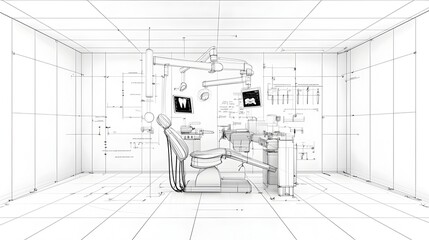 Poster - Minimalist sketch of a clean and modern dental clinic interior with abstract technological elements and medical equipment creating a futuristic and professional atmosphere for healthcare services