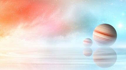 Poster - A soft-focus depiction of pastel planets and swirling nebulae, with glowing stars dotting a serene sky.