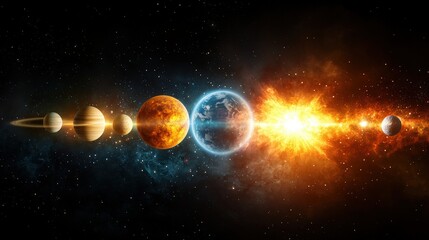 Poster - A solar system with pastel-colored planets, orbiting a distant star, surrounded by nebulae and comets.