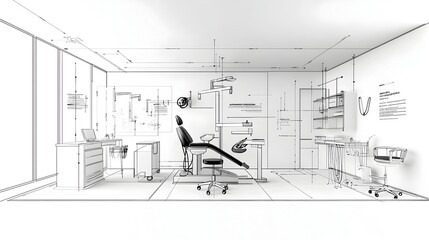 Poster - sketch of a modern futuristic dentist office in a clean minimalist black and white color scheme featuring abstract technology elements and advanced medical tools