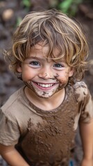 Wall Mural - A happy, smiling child is having fun in the backyard garden while playing with mud and dirt..