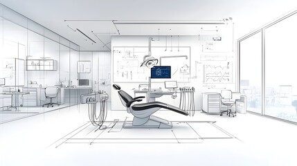 Poster - Minimalist Black and White Sketched of a Modern Dentist Office Interior with Abstract Technology Motifs and Futuristic Dental Equipment Creating a Clean and Professional Clinic Environment