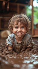 Wall Mural - A happy, smiling child is having fun in the backyard garden while playing with mud and dirt..