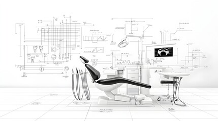 Poster - Futuristic dental clinic sketched in a clean minimalist black and white aesthetic featuring abstract technology motifs and modern cutting edge dental equipment to create a sophisticated