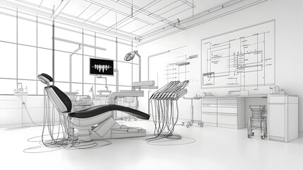 Poster - Minimalist depicting a modern high tech dental clinic with an abstract technologically advanced design featuring clean lines geometric shapes and a monochrome black and white color scheme