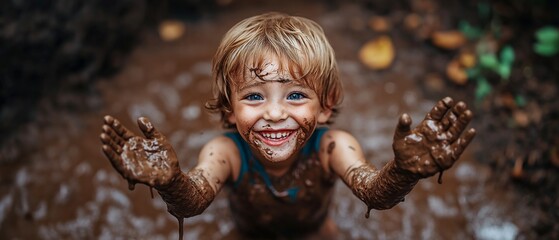 Wall Mural - A happy, smiling child is having fun in the backyard garden while playing with mud and dirt..