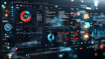 Leinwandbilder - Futuristic Business Intelligence Analyst Dashboard with 3D Data Visualization and Abstract Technology Elements Showcasing Key Insights and Metrics for Strategic Decision Making