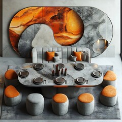 Poster - Top view 3D render of creative dining room with an art table featuring bold geometric patterns modern dcor and sleek furniture open floor plan isolated on a white background