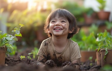 Wall Mural - A happy, smiling child is having fun in the backyard garden while playing with mud and dirt..