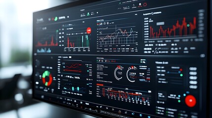 Fototapete - Immersive 3D Virtual Dashboard Providing Comprehensive Business Intelligence Analytics with Abstract Technology Graphics and Data Visualizations