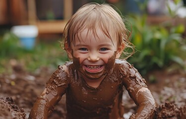 Wall Mural - A happy, smiling child is having fun in the backyard garden while playing with mud and dirt..