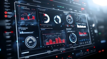 Poster - Futuristic 3D virtual business intelligence dashboard with abstract technology interface highlighting data trends and performance metrics in a sleek modern design
