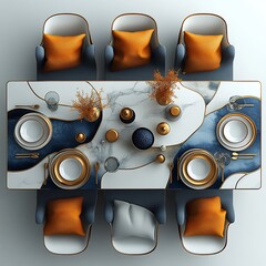 Poster - Top view 3D render of creative dining room with an art table featuring bold geometric patterns modern dcor and sleek furniture open floor plan isolated on a white background