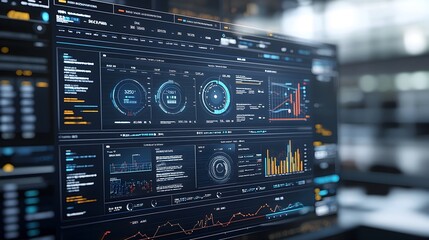 Leinwandbilder - Sleek and Modern 3D Business Intelligence Data Dashboard with Abstract Technological Visuals Designed for Real Time Metrics Tracking and Insightful Data Analysis