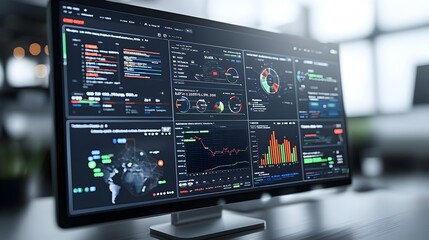 Fototapete - Cutting Edge Interactive 3D Data Dashboard Designed for Comprehensive Business Intelligence Analytics and Real Time Metrics Tracking  Tailored for Corporate Decision Making Reporting