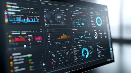 Poster - Futuristic 3D rendered business intelligence dashboard featuring abstract technology graphics and virtual data analysis offering valuable insights into business performance and strategy