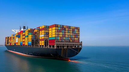 Poster - Massive container ship gliding through calm blue waters cargo stacked neatly in layers captured from a low side angle showing its journey across the open sea