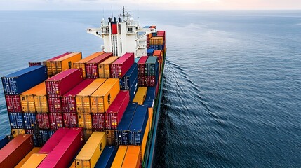 Aufkleber - Vibrant cargo vessel sailing through open waters with striking container stacks visible from a side view as the sky meets the horizon in a soft gradient