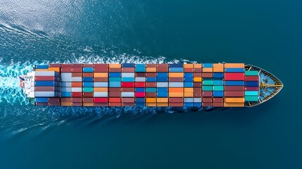 Poster - Aerial view of a colossal cargo ship gracefully navigating the deep blue ocean its deck meticulously aligned with a vast array of stacked cargo containers